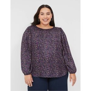 Lane Bryant Purple Floral Long Sleeve Satin Keyhole Dressy Blouse Top 18 1X